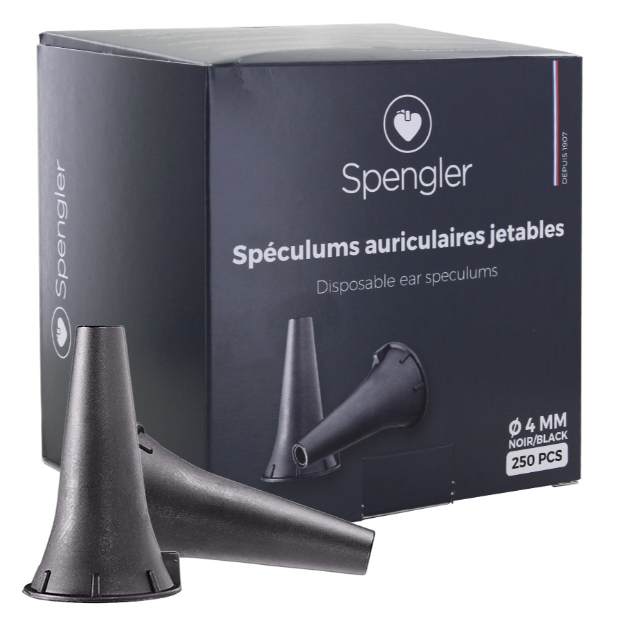 Spéculums auriculaires 4 mm noirs adulte à usage unique Spengler (boite de 250)